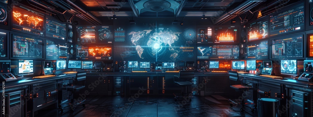 Poster high-tech command center with quantum computing for global crisis management