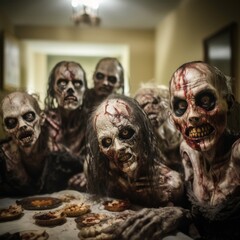Group of zombie friends in detailed makeup at a Halloween party, laughing and interacting in a dimly lit room, perfect for horrorthemed event promotions