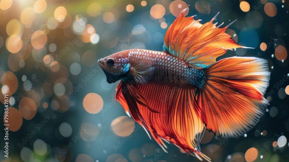 Poster A Betta fish flaring its fins in a display of aggression, its fierce expression adding drama and intensity to its aquatic environment.