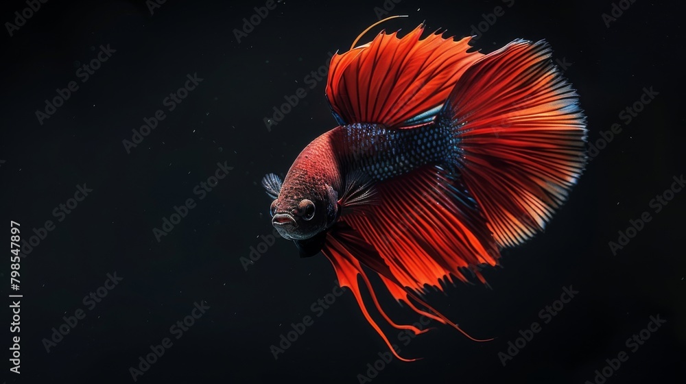 Poster A Betta fish flaring its fins in a display of aggression, its fierce expression adding drama and intensity to its aquatic environment.