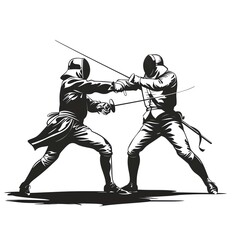 Historic fencing duel, traditional European attire, focused action, close-up, SVG design