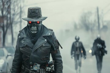 The leader of the gang, a man with a skull for a head, glowing red eyes and a cowboy hat, walks through the city with his men following behind him.