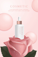 Cosmetic product ads template on pink background with rose and bubble.