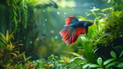 A Betta fish gracefully gliding through a tank filled with lush aquatic plants, its vivid colors contrasting beautifully with the greenery.