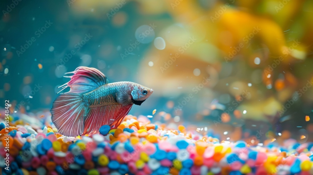 Poster a betta fish resting on a bed of colorful gravel, its serene posture and vibrant colors creating a c