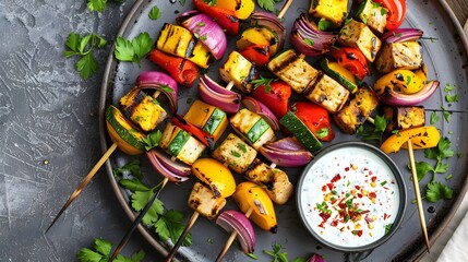 Vibrant Plant Based Kebabs with Creamy Yogurt Dipping Sauce A Delightful Vegetarian Meal