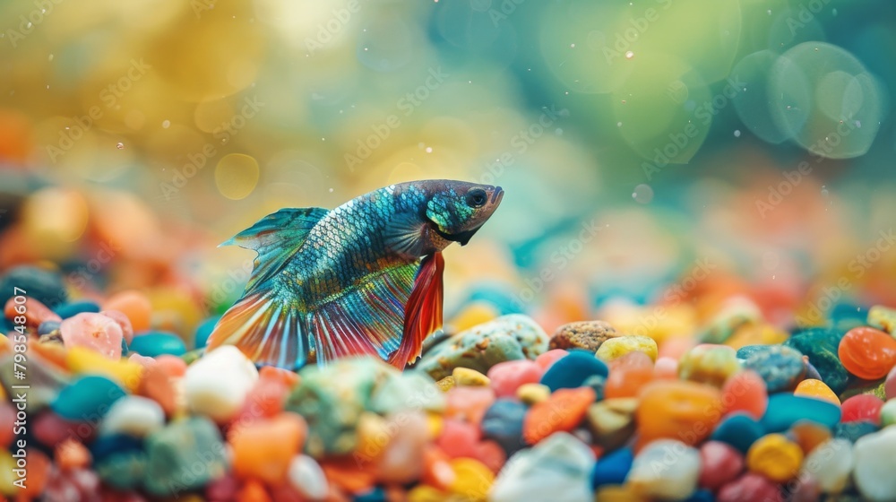 Poster a betta fish resting on a bed of colorful gravel, its serene posture and vibrant colors creating a c