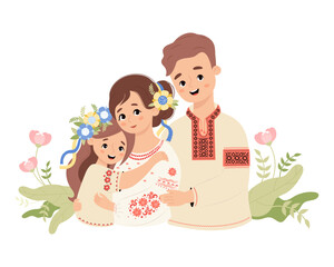 Happy Ukrainian family. Cute father, mother and daughter with floral wreath with yellow-blue ribbons in traditional clothes embroidered shirt. Vector illustration. Festive national character family