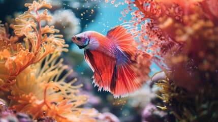 A Betta fish swimming among colorful coral reefs, its vibrant hues blending seamlessly with the underwater landscape.