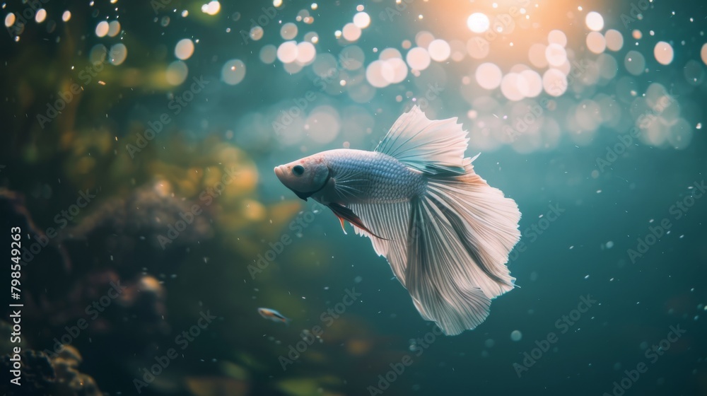 Poster a betta fish swimming gracefully in a tank illuminated by soft, ambient lighting, creating a serene 
