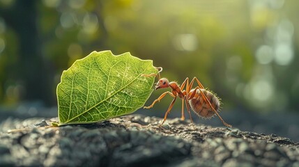Macro de una hormiga de fuego levantando una hoja verde, en contraluz con bokeh natural de fondo