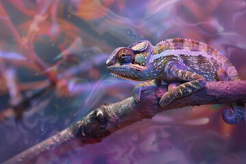 Un camaleón vibrante posado en una rama, con un fondo abstracto y psicodélico que resalta sus colores