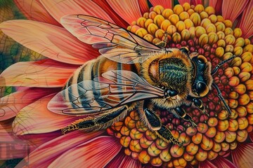 Hyper-realistic illustration of a bee with meticulous detail on a vibrant flower