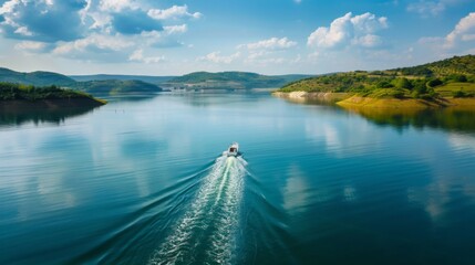 Obraz premium A boat sailing on the calm waters of a reservoir formed by a dam, leisure seekers enjoying recreational activities in the scenic expanse.