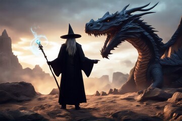 'black painting wizard art summoning dragon style illustration magic wand gital fantasy imagination...