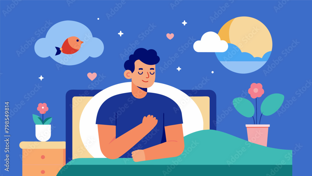 Poster a man snuggled up in bed recalling the small acts of kindness he received throughout the day and fee