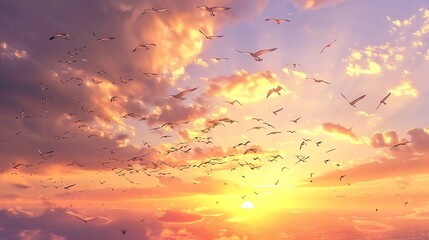 Capture a sweeping, wide-angle view of a majestic flock of birds soaring across a radiant sunset sky Ensure each feather is delicately rendered in stunning realism - obrazy, fototapety, plakaty