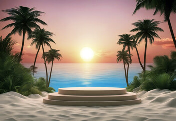 Fototapeta premium 'beach tree podium Tropical background summer concept space sunset product 3D abstract copy splay presentation vacation palm poduim three-dimensional advertising business coast'