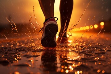 Close up foot person running on the runway at sunset, just finished raining  - obrazy, fototapety, plakaty