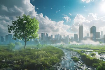 An illustration of nature reclaiming an urban environment, with a single tree and wild grasses flourishing in the foreground against a backdrop of a misty, abandoned city under a cloud-fille sky