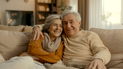 Elderly couple embracing on a sofa, exuding warmth and lifelong companionship.