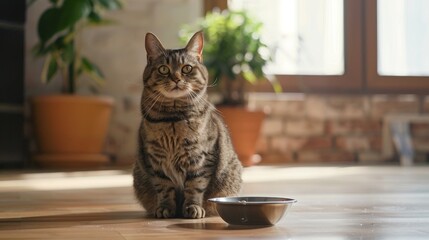 A chubby cat sitting next to an empty food bowl, its disappointed expression and pleading eyes silently begging for a refill.