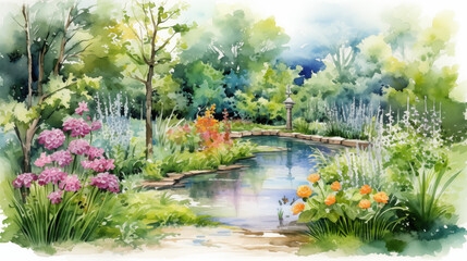 watercolor painting of a sunlit garden scene, a pond reflecting the sky. AI generated