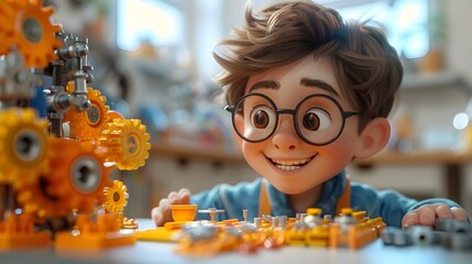 Cheerful young inventor constructing a quirky new toy with colorful mechanical components in a