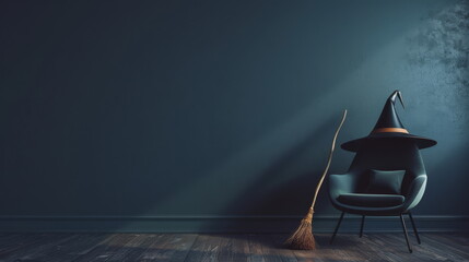 Magic broom by executive chair, ideal for fantasy and corporate humor.