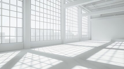 Fototapeta premium Bright loft with large windows, great for modern living and interior design.