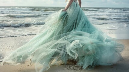 Ocean breeze bride: Whimsical dress and seaside backdrop for storybook romance or bridal fashion.