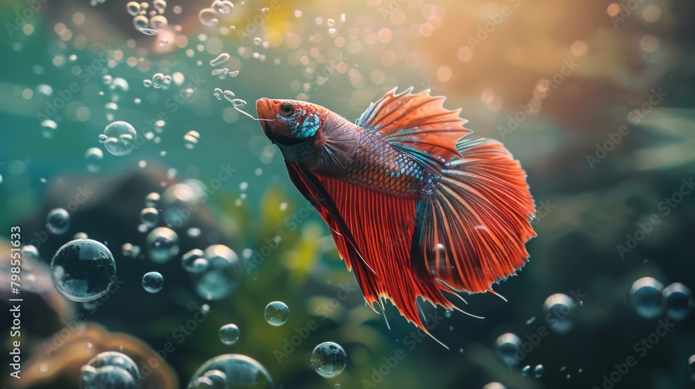Poster A close-up of a Betta fish blowing bubbles at the water's surface, its playful behavior adding charm and personality to its aquatic home.