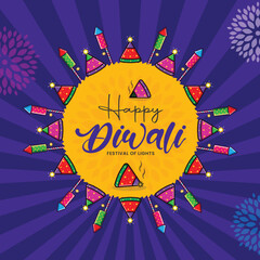 Happy Diwali Banner with fire works and mandala Background