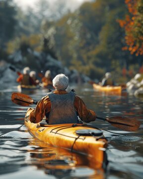 Create a digital CG 3D rendering showcasing a diverse group of elderly individuals participating in a variety of outdoor sports and activities like hiking