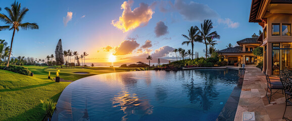 A panoramic view of the pool and golf course from an elegant islandstyle home in Hawaii, with lush greenery and palm trees under a clear blue sky at sunset.