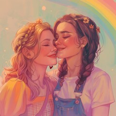Un par de lindas chicas enamoradas, debajo de un hermoso arcoíris - obrazy, fototapety, plakaty
