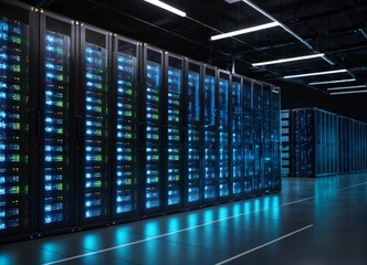 Modern Data Technology Center Server Racks in Dark Room with VFX.