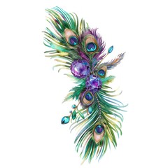 Naklejka premium A single elegant watercolor clipart of a hairpin with peacock feathers and amethyst