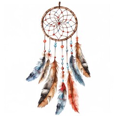 A single detailed watercolor clipart of a dreamcatcher-inspired pendant