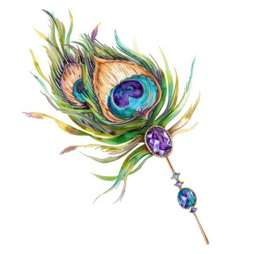 recommend clip art: A single elegant watercolor clipart of a hairpin with peacock feathers and amethyst