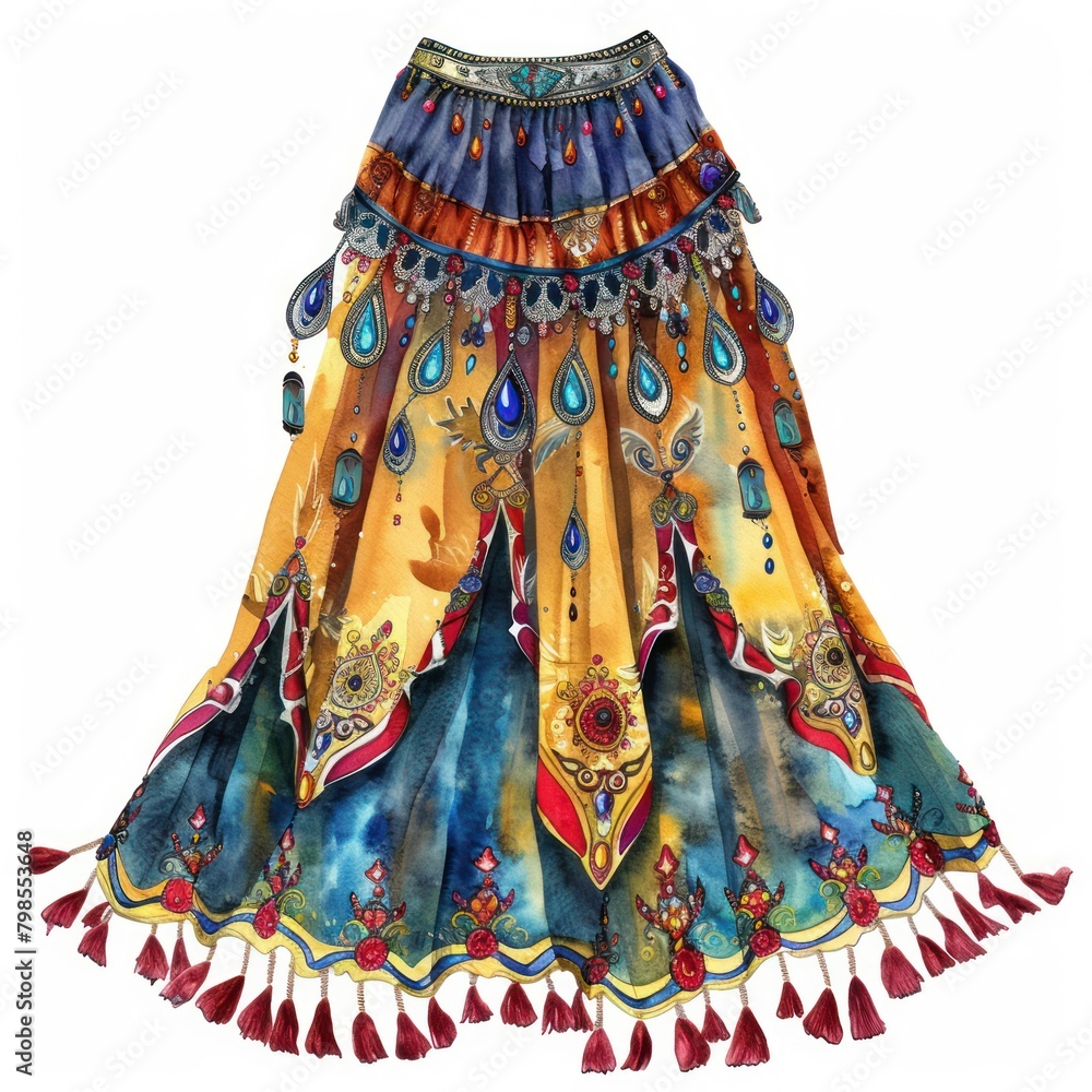 Wall mural clipart of a gypsy skirt with mirrors and embroidery watercolor flowy and vibrant - Wall murals