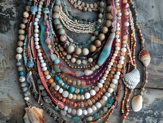 Layered Bohemian necklaces with beads shells