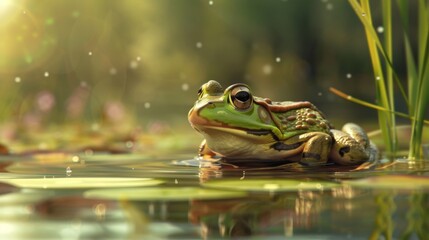 A frog clinging to the side of a pond, its webbed feet and streamlined body perfectly adapted for life both in and out of the water.