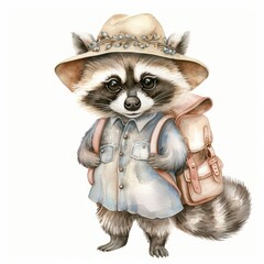 A watercolor clipart of a raccoon with a boho hat and a satchel the little adventurer