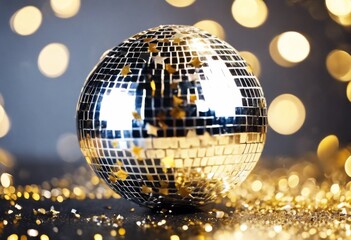 'gold star Silver metallic sco confetti ball background. glowing disco mosaic mirror 2021 new year...