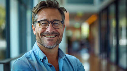 Optimistic professional businessman in business casual wear with glasses, looking at camera with charming smile in blurred modern office room with natural light