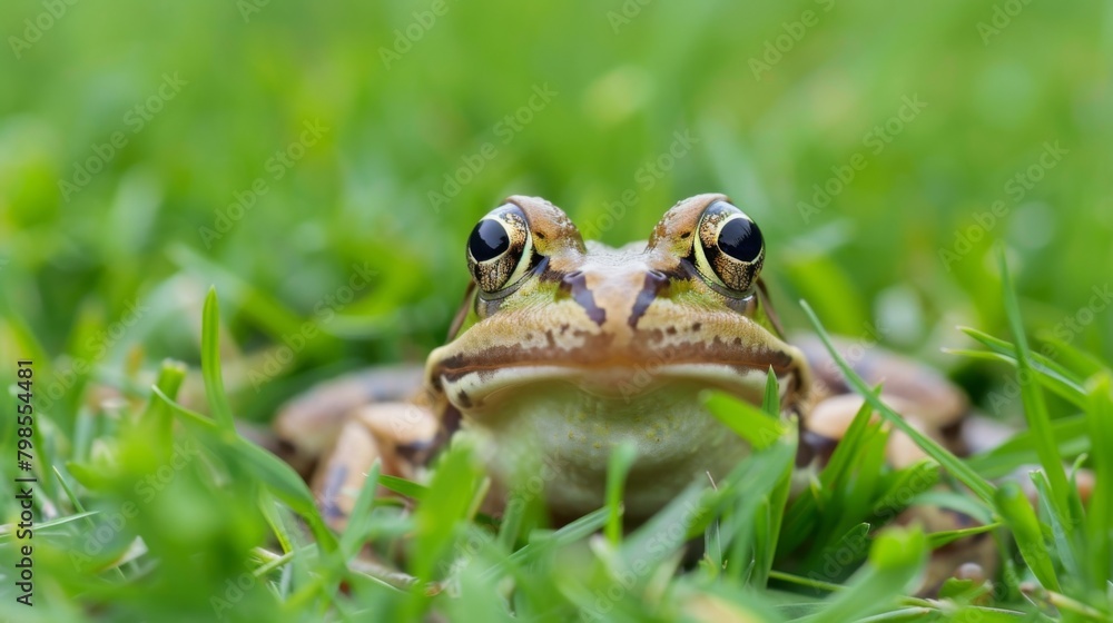 Poster a frog peeking out from a clump of grass, its curious gaze and alert posture showcasing the intellig