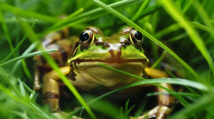 Fototapeta premium A frog peeking out from a clump of grass, its curious gaze and alert posture showcasing the intelligence and adaptability of amphibians.
