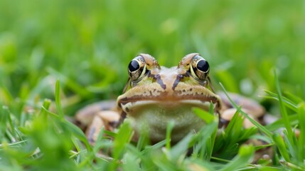 Obraz premium A frog peeking out from a clump of grass, its curious gaze and alert posture showcasing the intelligence and adaptability of amphibians.