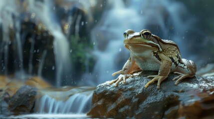 A frog perched on a rock at the edge of a waterfall, its resilient spirit and adventurous nature symbolizing the beauty of life in the wild. - Powered by Adobe